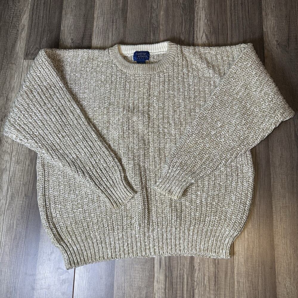 Cambridge Classics Sweater Mens L Beige Chunky Knit Cotton Crewneck Y2K Fisherma
